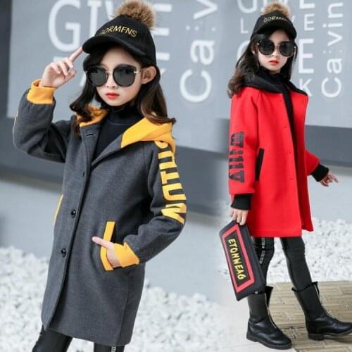 2019 Autumn Winter Warm Girls Jacket Woolen Cotton Girls Long Coats Hooded Letter Printed Children Outwear Clothing 5-13T