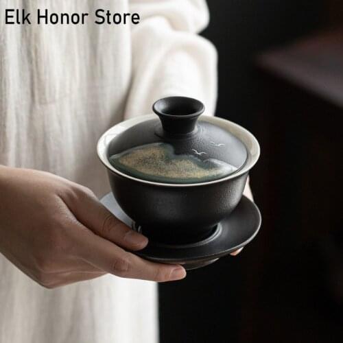 170ml Retro Coarse Pottery Covered Bowl Sancai Tea Bowl Handmade Distant Hills Tea Bowl Tea Cup Kung Fu Tea Maker Tea Ceremony
