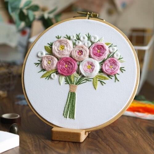 CURCYA European Nordic Floral Bouquet Embroidery Kit with Round Bamboo Hoop Flowers DIY Needlework Handmade Gifts