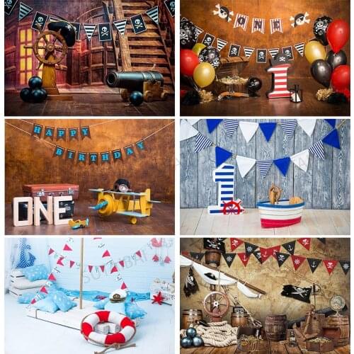 1st Birthday Party Backdrops Pirate Ship Cannon Plane Pilot Skeleton Baby Shower Photography Background Photo Studio Decor Props