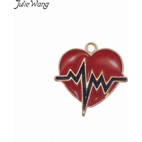 Julie Wang 10PCS Red Enamel Heart With Heartbeat Line Gold Base Zinc Alloy Pendant Charm DIY Fashion Party Earring Women Jewelry