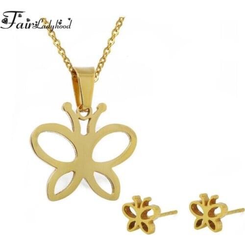 Fairladyhood Butterfly Necklace + Earring Jewelry Sets Fashion Gold-Color Stainless Steel Women Engagement Accessories