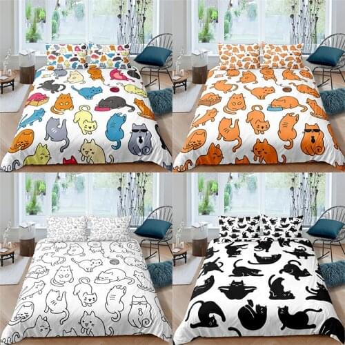 Luxury 3D Cute Cartoon Cat Printed 2/3Pcs Bedding Set Animal Pattern Duvet Cover Pillowcase Home Textile Queen and King Size