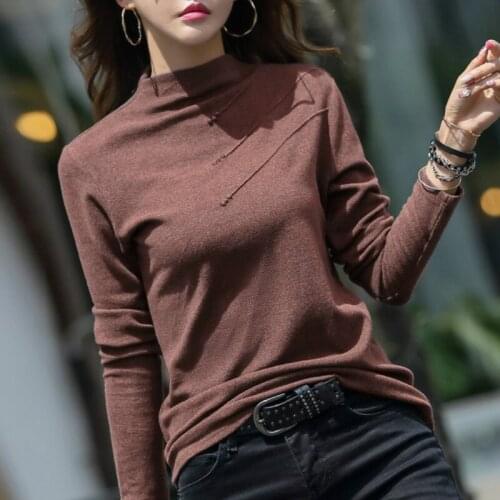 Korean Style Autumn Turtle Neck T Shirts Women 2020 Winter Thick Tshirt Female Long Sleeve T-Shirt Cotton Button Tee Shirt Femme
