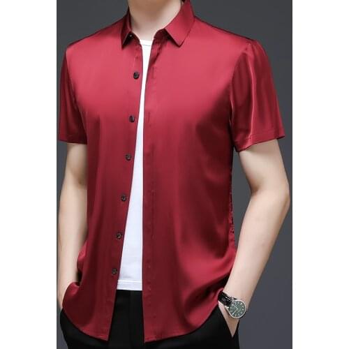Men Silk Dress Shirt Summer Office Male Poplin Clothes Short Sleeve Male Causal Solid Color Silk Shirts