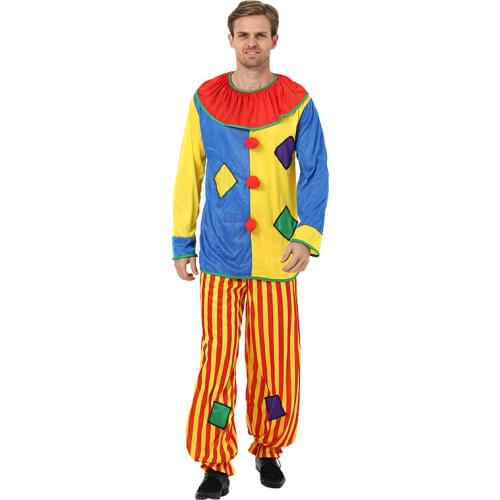 Childrens day Christmas New Year Men Clown Cosplay Costume Adult buffoon Halloween Cosplay clothes jumpsuit Top + Pants + Nose