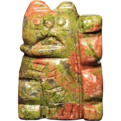 MOKAGY Hand Carved Natural Green Epidote Quartz Stone Crystal cat Statue 2 Inch 1pc