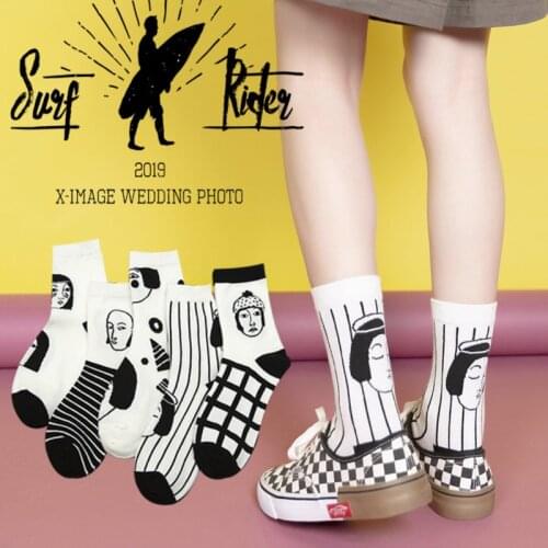 Autumn And Winter New Fashion Womens Socks Street Style Cartoon Creative Black And White Portrait Cotton Ladies Tube Socks