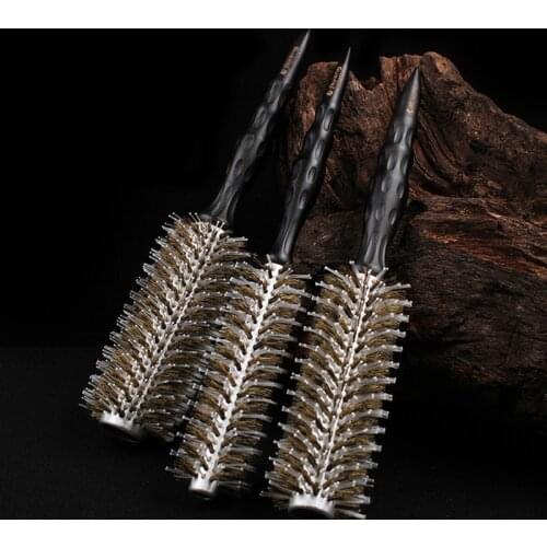 New Natural Boar Bristle Round Brush Groove Design Handle Hair Rolling Brush For Hair Drying Styling