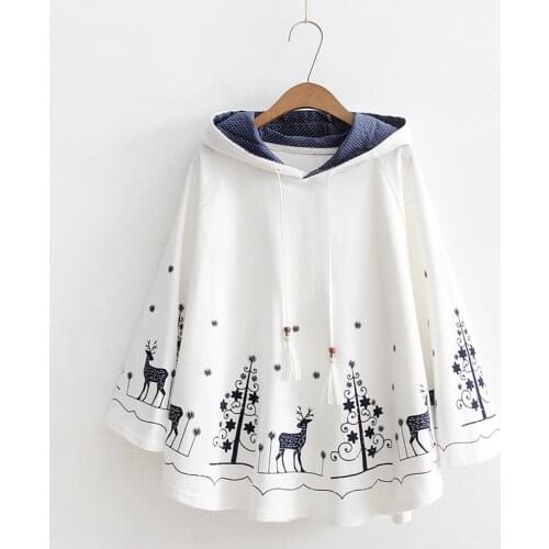 Spring Fall New Milu Deer Printing Women Cape Harajuku Cloak Cotton Pullover Navy Blue Fresh Style Young Girls Students Hoodies