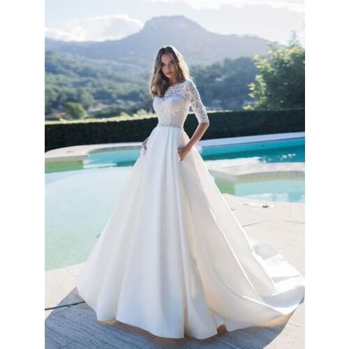 Half Sleeves A-Line Wedding Dresses 2021 Modest Satin Bridal Gowns Garden Custom Modest European Fashion Beach Robe De Mariee