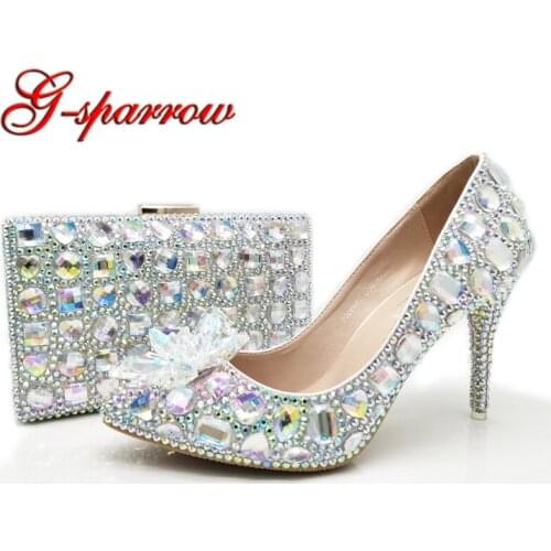 2018 Cinderella Prom Party Shoes Pointed Toe Gorgeous Wedding Shoes with Matching Bag AB Crystal Womens Dress Shoes with Purse