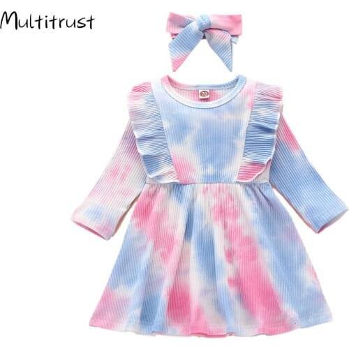 Baby Dresses For Girls Autumn Winter Long Sleeved Knitted Princess Ruffles Tie Dye Print Dress Headband Girls Baby Kids Clothing