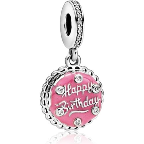 Clear CZ Candle Pink Enamel Cake Pendant Fit Original Pan Charms Bracelet Happy Birthday Dangle Beads Women Jewelry Friend Gifts