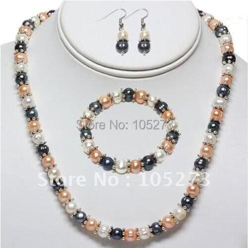 Amazing! pearl jewelry set AA 7-8MM White pink black color freshwater pearl silvers necklace bracelet earring Free shipping N135