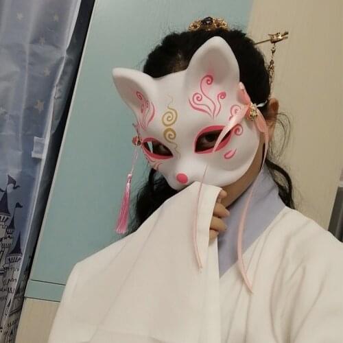 Hand-Painted Sakura Cat Mask Japanese Natsume Book of Friends Half Face Mask Halloween Cosplay Party Props Cos Costumes