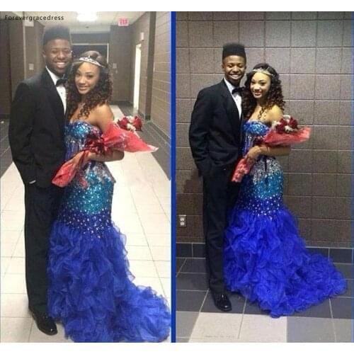 Sexy Royal Blue Long Prom Dresses 2019 African Black Girls Beads Graduation Wear Evening Party Gowns Plus Size Custom Made