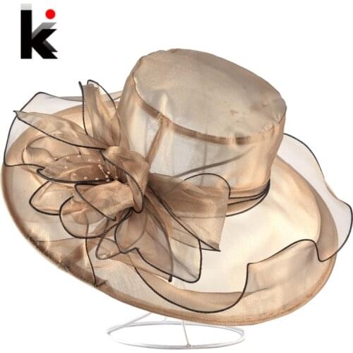 Wide Brim Organza Flower Beach Hat For Women Breathable Summer Anti-UV Bucket Caps Ladies Wedding Chapeau Kentucky Derby Hats