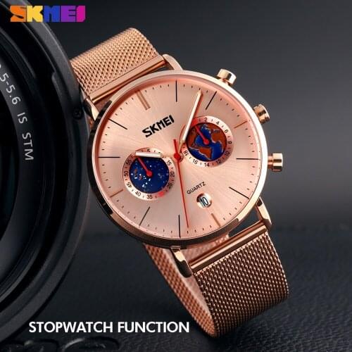 SKMEI Luxury Quartz Mens Watches Calendar Stopwatch Clock Stainless Steel Waterproof Wristwatches Male Gift Relogio Masculino