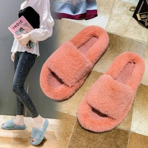 Winter Fur Plush Slippers Outdoor House Furry Slippers Fashion Faux Warm Shoes Slip On Women Slides Flat Slippers Dropshipping
