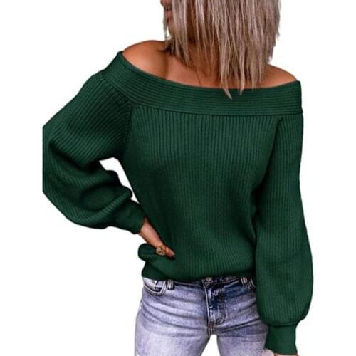 Ele-choices Women Sweater Off Shoulder Lantern Sleeve Autumn Winter Slash Neck Strapless Patchwork Top Streetwear for Daily