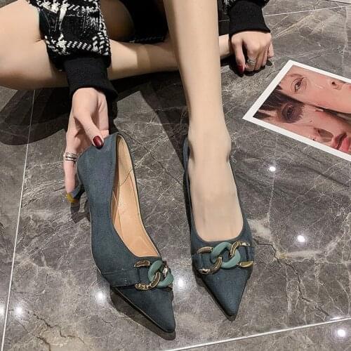 2021 New Elegant Pumps Metal Loafers Pointed Toe Fashion Ladies Footwear Comfortable Slip-On Office Women Casual Shoes Heels
