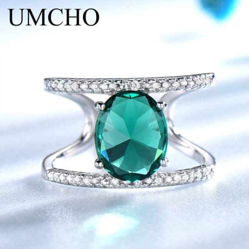UMCHO Green Emerald Gemstone Rings For Women Solid 925 Sterling Silver Ring Silver Wedding Engagement Band Fine Jewelry Gift