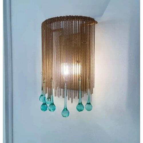 Unique Blue Crystal Copper Chain LED Wall Lamp For Retro Restaurant Loft Living room Indoor Wall Sconce Lamp