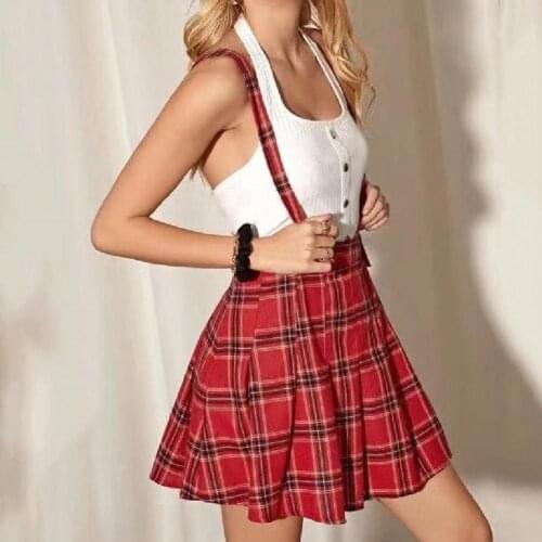 Y2K Fashionable Splicing Plaid Mini Pleated Ladies Short Skirt Removable Strap Dress A-line High-waisted Vintage Pleated Dress