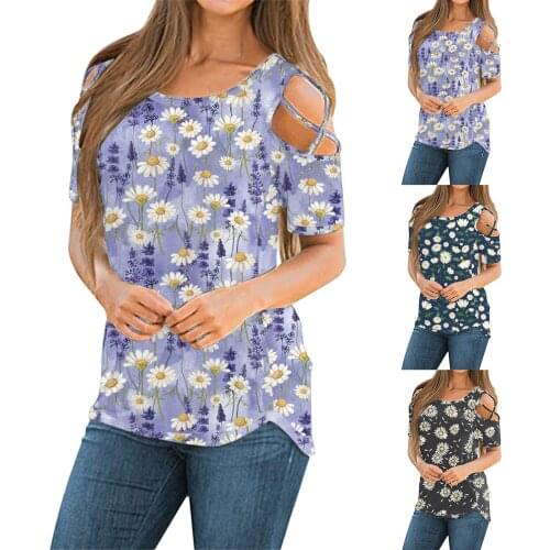 Women Short Sleeve Round Neck Chrysanthemums Print T-Shirt Exposed shoulders Tee Tops Solid Color Blouse Daily All-match T-shirt