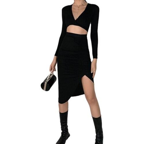 Women Sexy Suit Long Sleeve V-neck Solid Cropped Crop Top High Waist Irregular Hem Mid-length Skirt Ladies Wear Clothes Set 2021