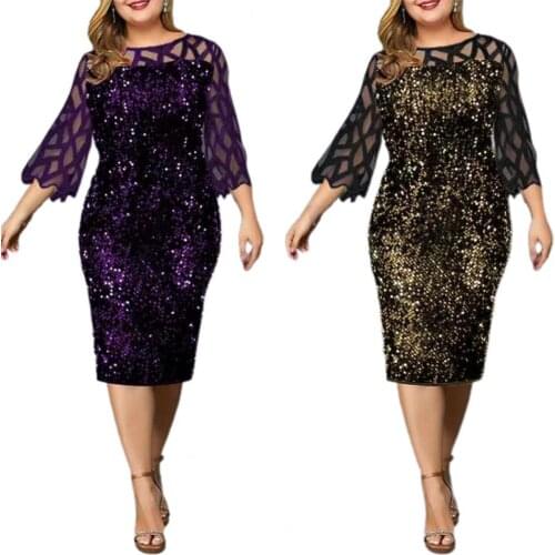 Women Fashion Dress Sequin Mesh Stitching Bodycon Hollow 3/4 Sleeve O-neck Midi Dress for Wedding Dating Dailywear