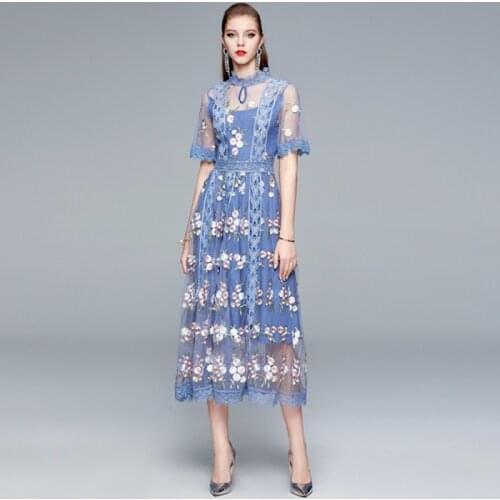 High Quality Blue Mesh Embroidery Stand Collar Holiday Dress Women Summer 2021 New Fashion Long Midi Princess Dresses