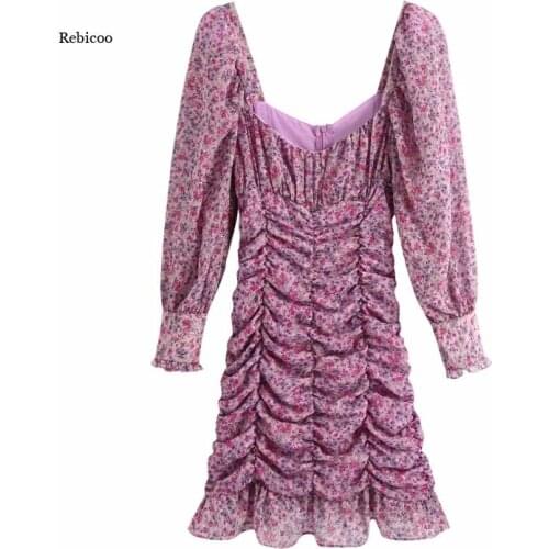Women Floral Printing Chiffon Pleated Dress Femme Lantern Sleeve Slim Clothes Casual Lady Vestido