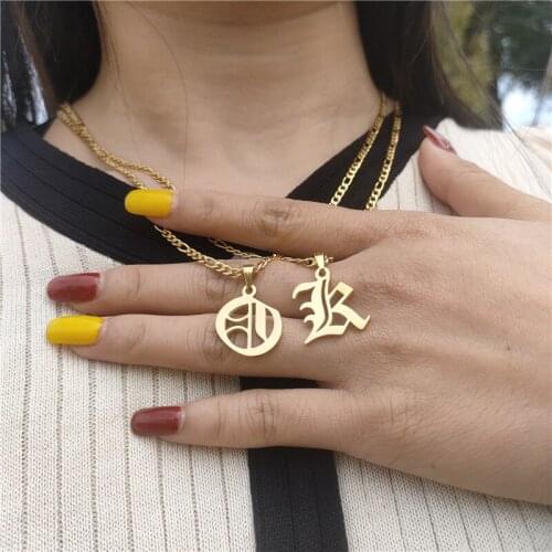 26pcs/Set A-Z Alphabet Initial Charm Necklace Women Men BFF Jewelry Christmas Gift Old English Letter Necklace Gold Figaro Chain