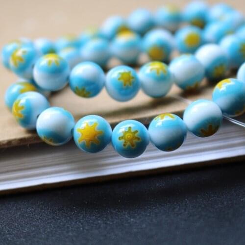 38cm 8mm 10mm Lampwork Glass Beads Round Ocean Blue Color with Yellow Flowers Lovely Beads For DIY Bracelet Necklace Earring