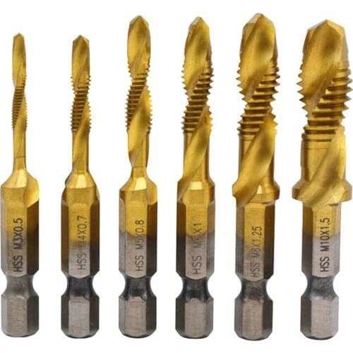 6pcs Titanium Plated Hex Shank HSS Screw Thread Metric Tap Drill Bits Screw Machine Compound M3 M4 M5 M6 M8 M10 Hand Tools