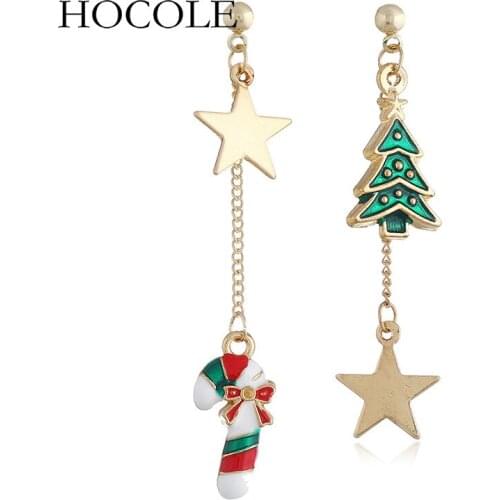 Rhinestone Enamel Xmas Tree Snowman Walking Stick Asymmetry Drop Earrings Star Charm Brincos For Women Christmas Jewelry Gift