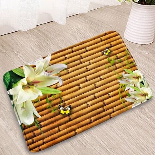 Bamboo Bathroom Mat lily Flowers Retro Old Brick Wall Geometric Splicing Doorway Decor Carpets Bedroom Kitchen Non-Slip Rugs