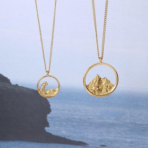 Gold Color Stainless Steel Sea Mountain Couple Necklace Men Woman Neck Chain Accessories, Lovers' Gifts Necklaces Jewelry Trendy