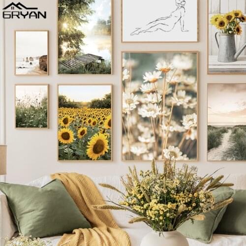 Wild Life Daisy Sunfower Field Canvas Print Painting Poster River Bridge Sea Coastal Woman Sketch Line Picture Living Room Decor