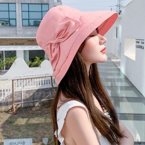 Women Solid Color Bowknot Wide Brim UV Protection Summer Sun Hat Bucket Cap шляпа женская летняя