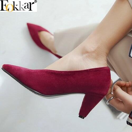 Eokkar 2019 Women Pumps Spike Heel Flock Fashion Women Shoes Pointed Toe Women Wedding Shoes Casual Women Pumps Size 34-43