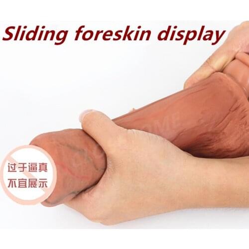 Simulation Dildo Realistic Sliding Foreskin G Spot Stimulate Soft Silicone Penis Testis Huge Big Dick Suction Cup Adult Sex Toys