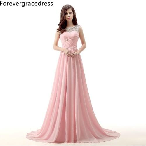 Forevergracedress Actual Photos Pink Long Evening Dress Sexy Sleeveless Scoop Neck Chiffon Beaded Formal Party Gown Plus Size