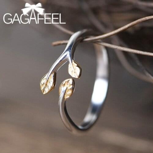 GAGAFEEL 925 Sterling Silver Leaf Ring Adjustable Rings Gold Plated Flower Leaves and Branches Finger Rings for Women Jewelry