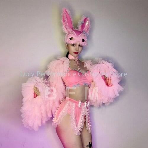 New pink rabbit girl with three piece sexy rabbit mask bar and nightclub gogo atmosphere performance dress