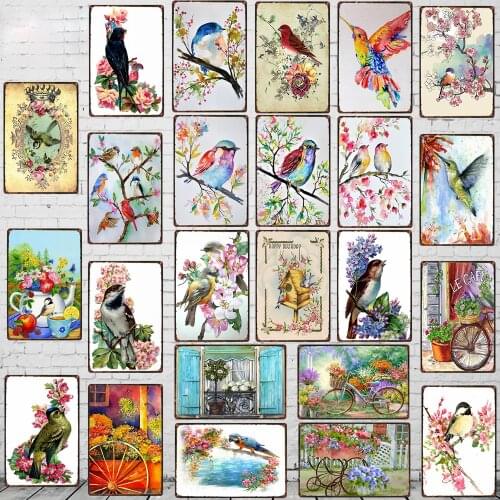 Beautiful Watercolor Garden Flower Bird Tin Sign Plaque Floral Animals Metal Plates Retro Wall Art Iron Painting Home Decor