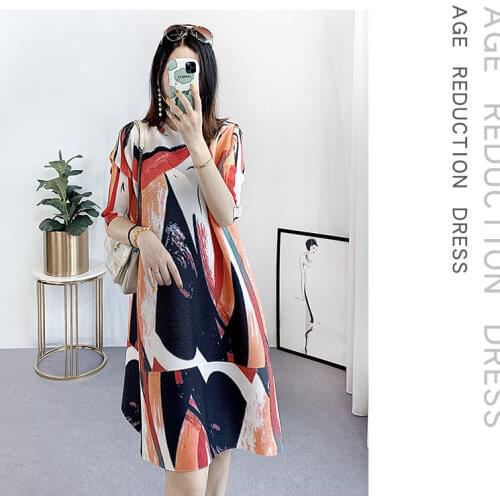 HOT SELLING Miyake fashion fold Geometric print slash neck three quarter straight dress IN STOCK