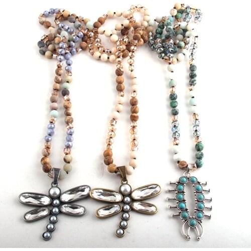RH Fashion Bohemian Tribal Jewelry Multi Stone Beige Glass Long Knotted Dragonfly Pendant Necklaces